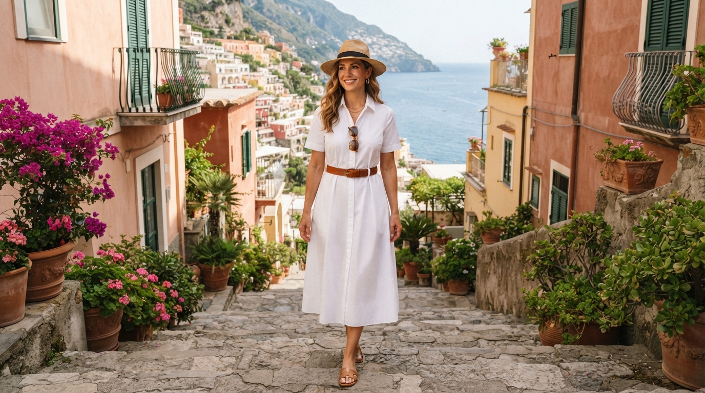 White Poplin Shirtdress with Cognac Leather Belt & Sandals
